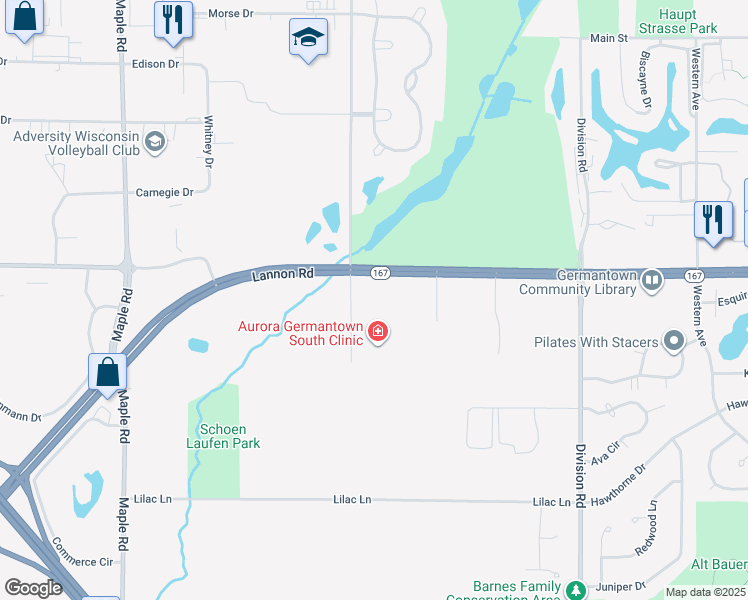 map of restaurants, bars, coffee shops, grocery stores, and more near N112 W17975 Mequon Road in Germantown