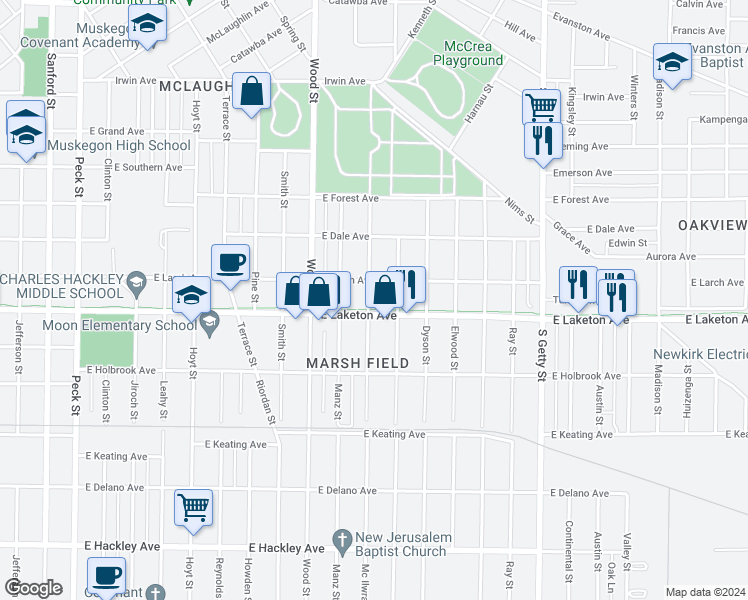 map of restaurants, bars, coffee shops, grocery stores, and more near 1776 Mc Ilwraith Street in Muskegon
