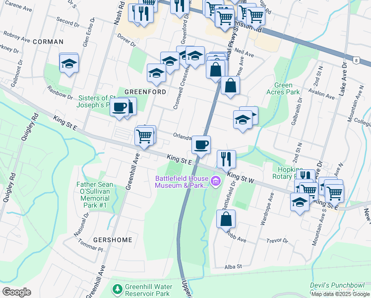 map of restaurants, bars, coffee shops, grocery stores, and more near 102 King Street West in Hamilton