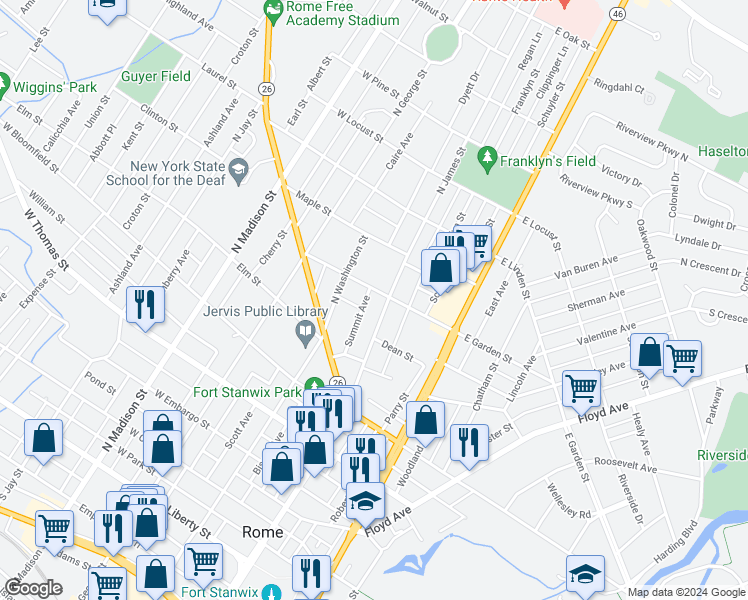 map of restaurants, bars, coffee shops, grocery stores, and more near 103 West Garden Street in Rome