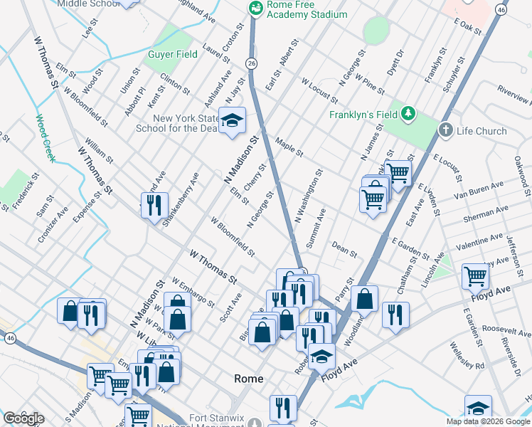 map of restaurants, bars, coffee shops, grocery stores, and more near 211 Elm Street in Rome