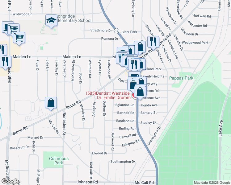 map of restaurants, bars, coffee shops, grocery stores, and more near 259 Florence Avenue in Rochester