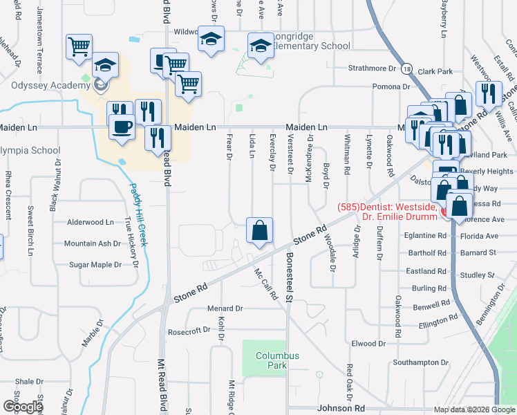 map of restaurants, bars, coffee shops, grocery stores, and more near 32 Frear Drive in Rochester