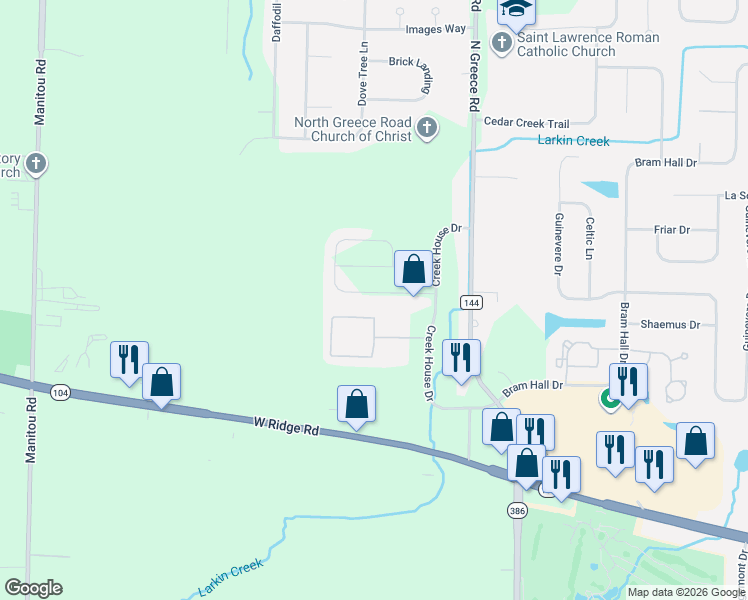 map of restaurants, bars, coffee shops, grocery stores, and more near 3000 White Swan Drive in Rochester