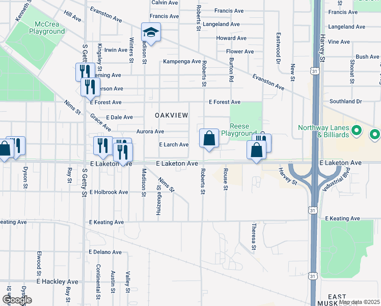 map of restaurants, bars, coffee shops, grocery stores, and more near 1165 East Laketon Avenue in Muskegon
