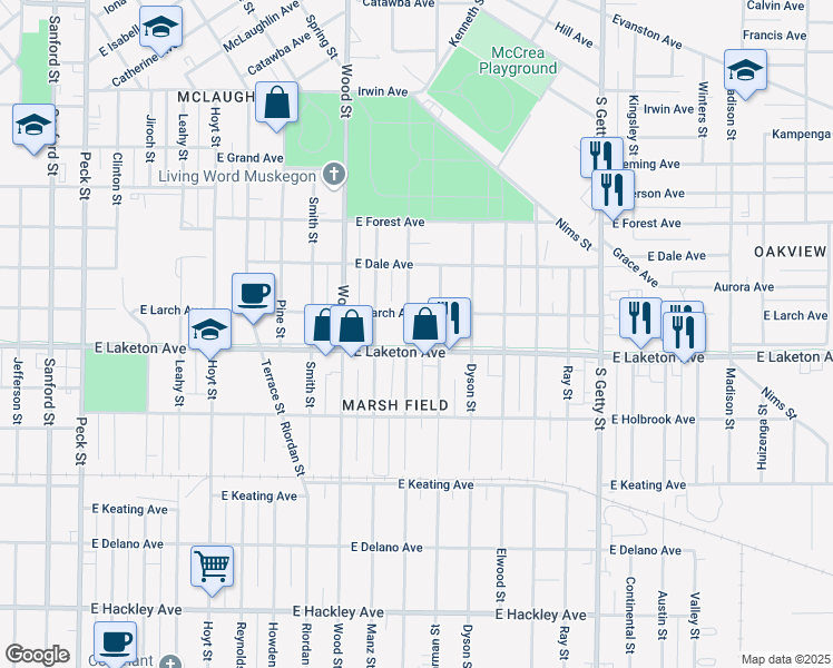 map of restaurants, bars, coffee shops, grocery stores, and more near 495 East Laketon Avenue in Muskegon