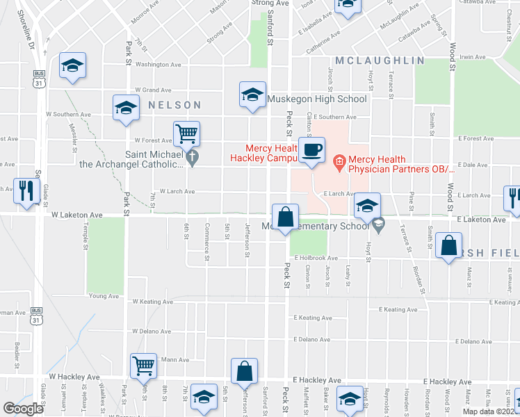 map of restaurants, bars, coffee shops, grocery stores, and more near 43 West Laketon Avenue in Muskegon
