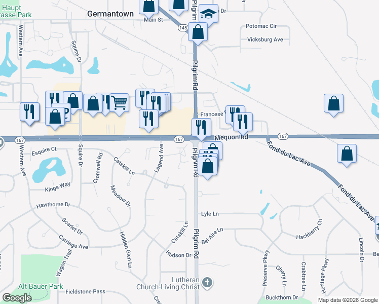 map of restaurants, bars, coffee shops, grocery stores, and more near N111W15782 Vienna Court in Germantown