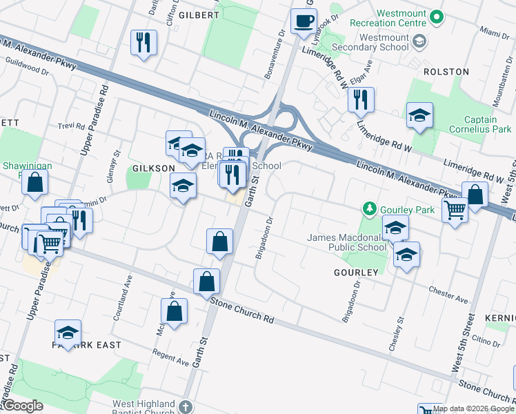 map of restaurants, bars, coffee shops, grocery stores, and more near 16 Garrow Drive in Hamilton