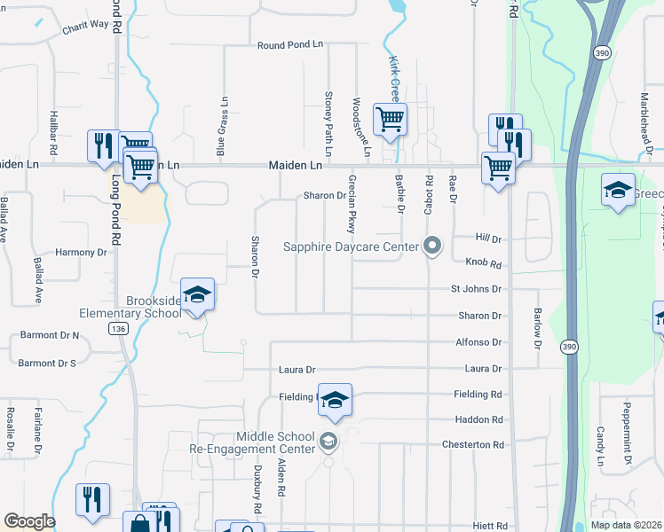 map of restaurants, bars, coffee shops, grocery stores, and more near 47 Athena Drive in Rochester