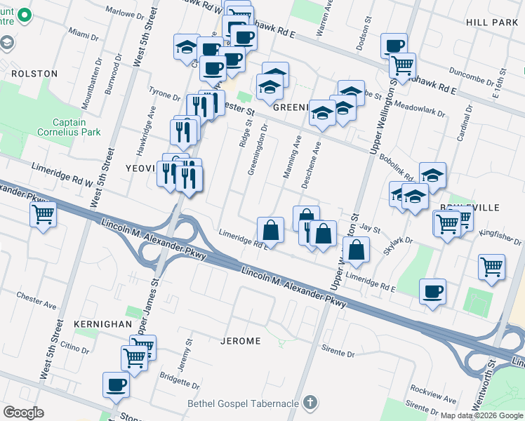 map of restaurants, bars, coffee shops, grocery stores, and more near 96 June Street in Hamilton