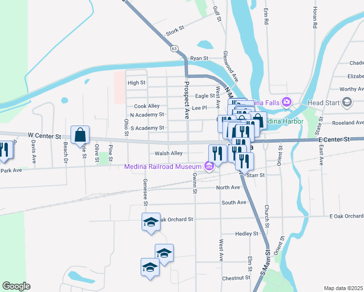 map of restaurants, bars, coffee shops, grocery stores, and more near 513 Walsh Alley in Medina