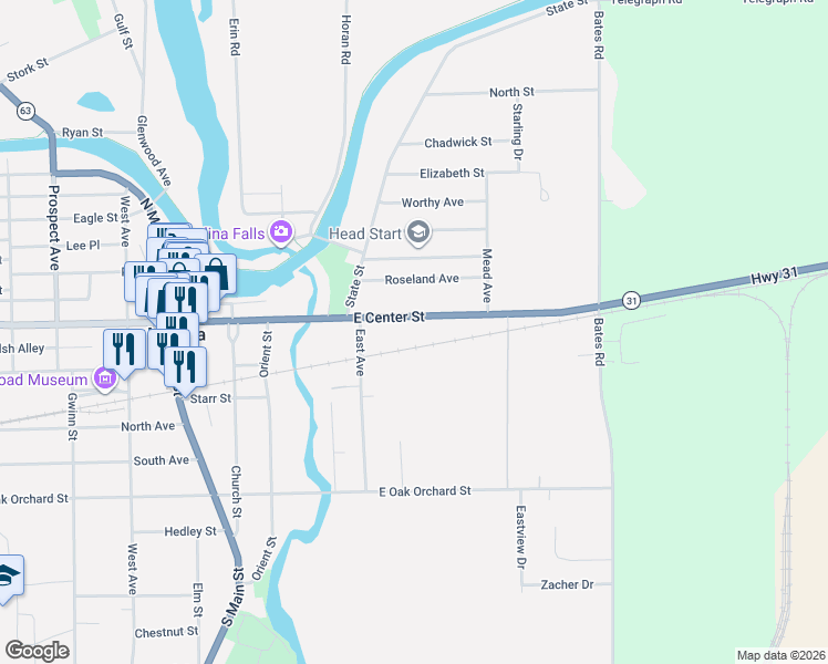 map of restaurants, bars, coffee shops, grocery stores, and more near 432 East Center Street in Medina