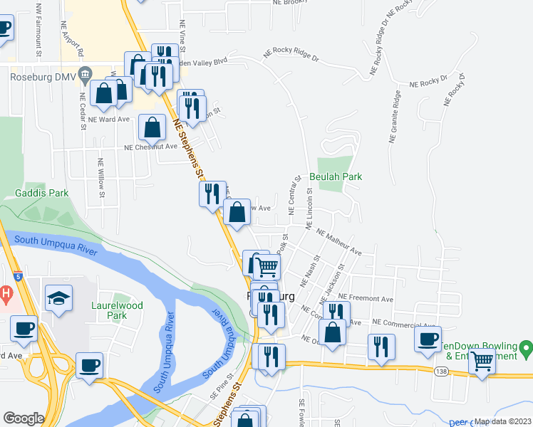 map of restaurants, bars, coffee shops, grocery stores, and more near 1064 Northeast Grandview Drive in Roseburg