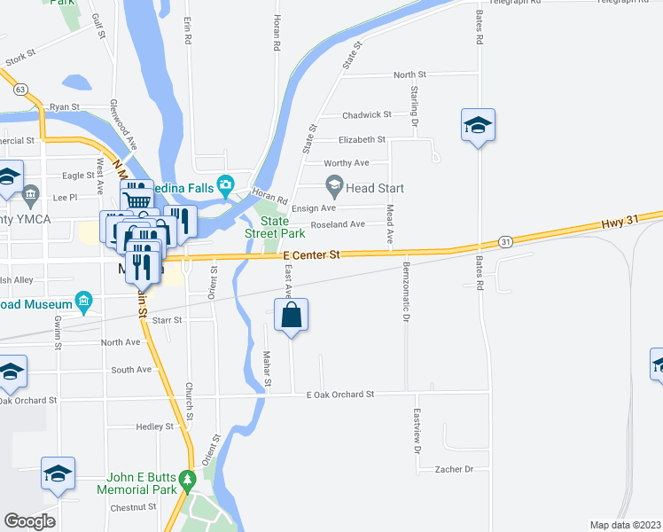 map of restaurants, bars, coffee shops, grocery stores, and more near 432 East Center Street in Medina