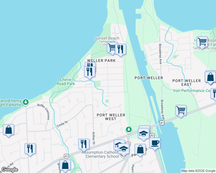 map of restaurants, bars, coffee shops, grocery stores, and more near Melody Trail in St. Catharines