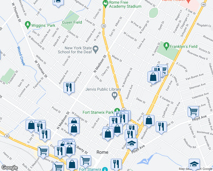 map of restaurants, bars, coffee shops, grocery stores, and more near North George Street & Elm Street in Rome