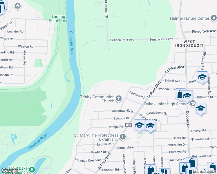 map of restaurants, bars, coffee shops, grocery stores, and more near 44 Chapel Hill Drive in Irondequoit
