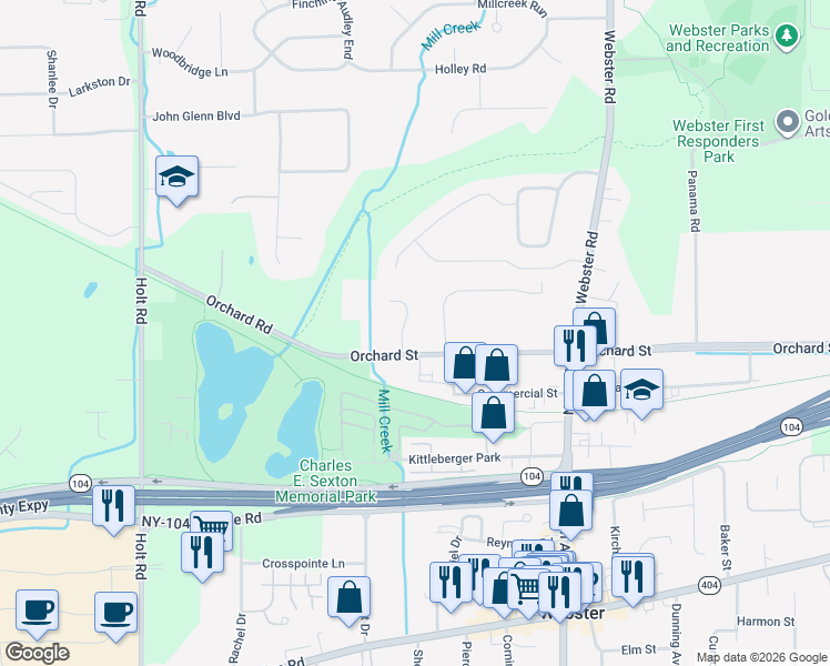 map of restaurants, bars, coffee shops, grocery stores, and more near 153 Orchard Street in Webster