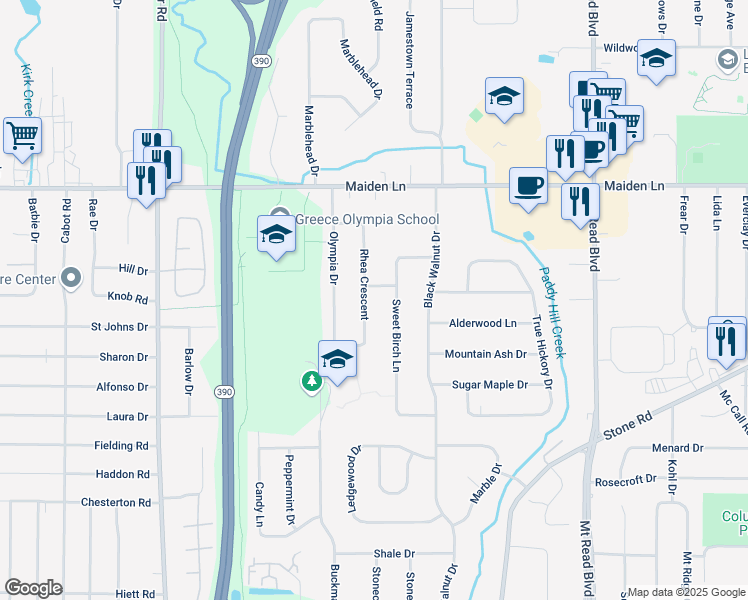 map of restaurants, bars, coffee shops, grocery stores, and more near 196 Rhea Crescent in Rochester