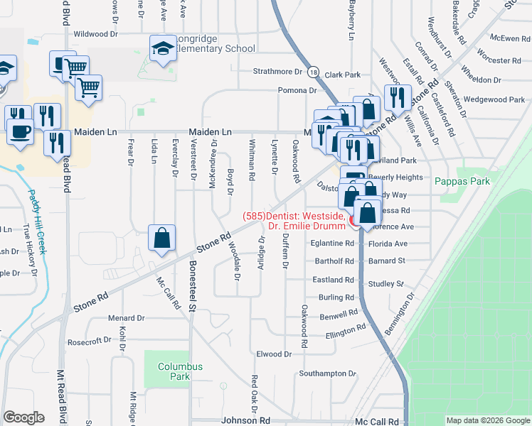 map of restaurants, bars, coffee shops, grocery stores, and more near 810 Stone Road in Rochester