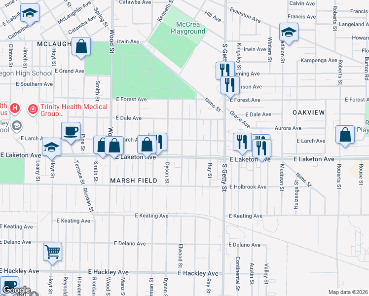map of restaurants, bars, coffee shops, grocery stores, and more near 1805 Superior Street in Muskegon