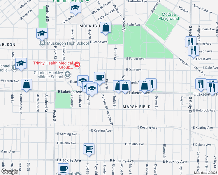 map of restaurants, bars, coffee shops, grocery stores, and more near 309 East Laketon Avenue in Muskegon