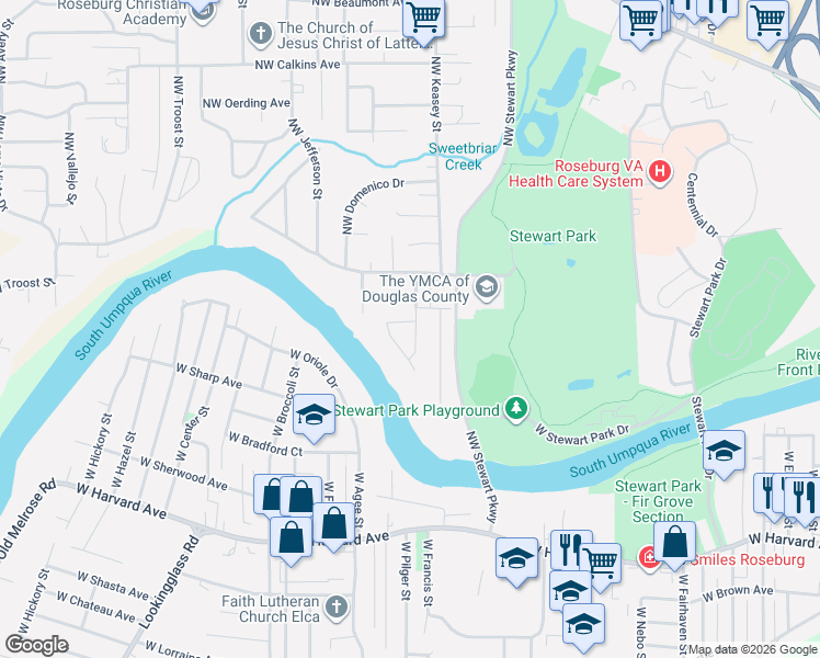 map of restaurants, bars, coffee shops, grocery stores, and more near 1025 NW Basco Ave in Roseburg