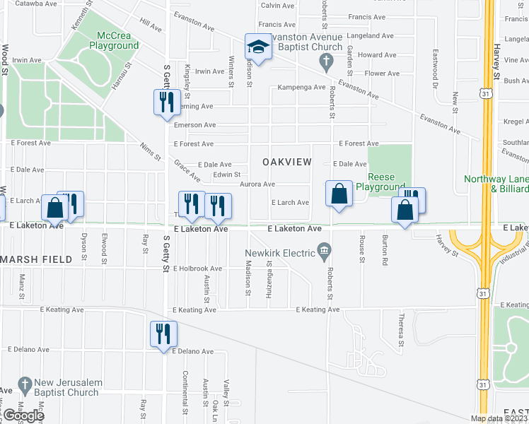 map of restaurants, bars, coffee shops, grocery stores, and more near 1765 Huizenga Street in Muskegon