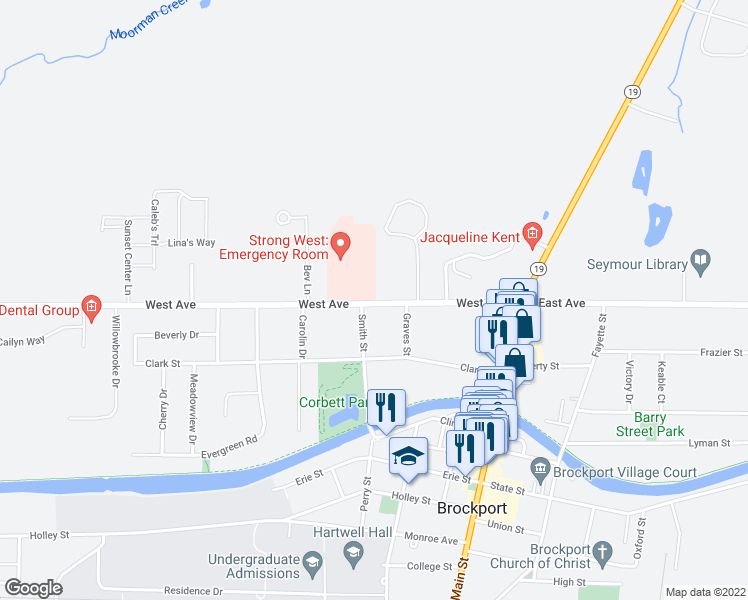 map of restaurants, bars, coffee shops, grocery stores, and more near 156 West Avenue in Brockport