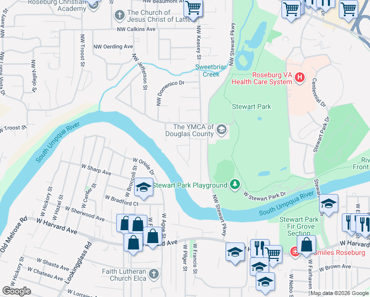 map of restaurants, bars, coffee shops, grocery stores, and more near 1025 NW Basco Ave in Roseburg