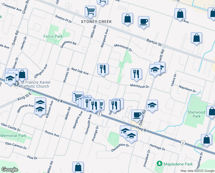 map of restaurants, bars, coffee shops, grocery stores, and more near 40 Russet Court in Hamilton