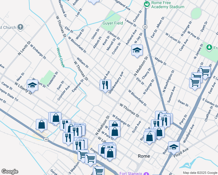 map of restaurants, bars, coffee shops, grocery stores, and more near 429 William Street in Rome