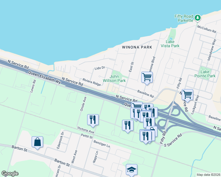 map of restaurants, bars, coffee shops, grocery stores, and more near in Stoney Creek