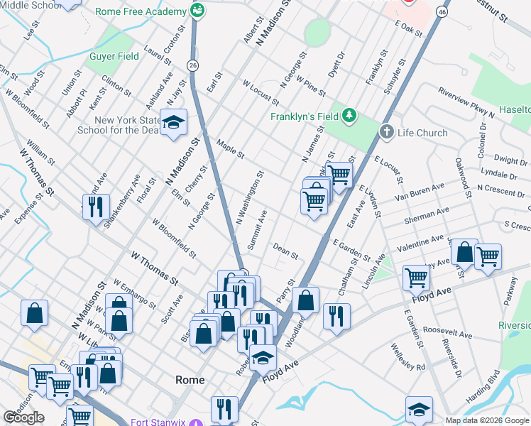 map of restaurants, bars, coffee shops, grocery stores, and more near 105 West Garden Street in Rome