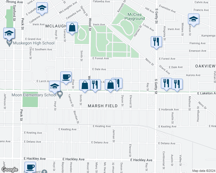 map of restaurants, bars, coffee shops, grocery stores, and more near 1768 Mc Ilwraith Street in Muskegon
