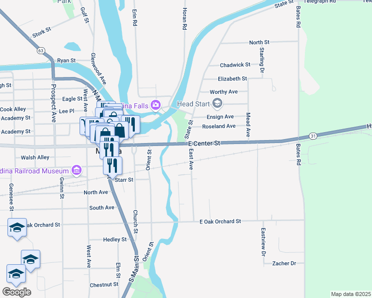 map of restaurants, bars, coffee shops, grocery stores, and more near 514 East Avenue in Medina