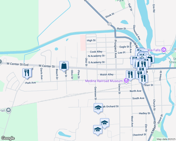 map of restaurants, bars, coffee shops, grocery stores, and more near 507 West Center Street in Medina