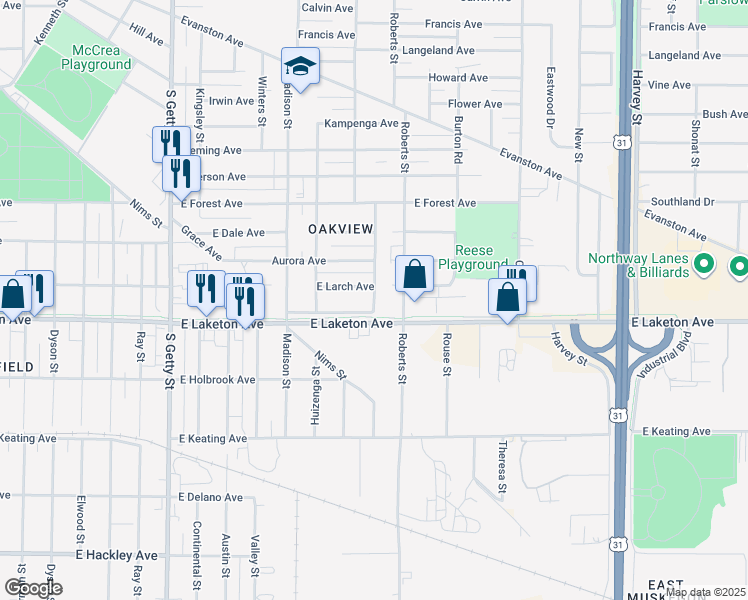 map of restaurants, bars, coffee shops, grocery stores, and more near 1165 East Laketon Avenue in Muskegon