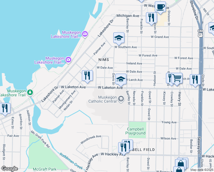 map of restaurants, bars, coffee shops, grocery stores, and more near 1221 West Laketon Avenue in Muskegon