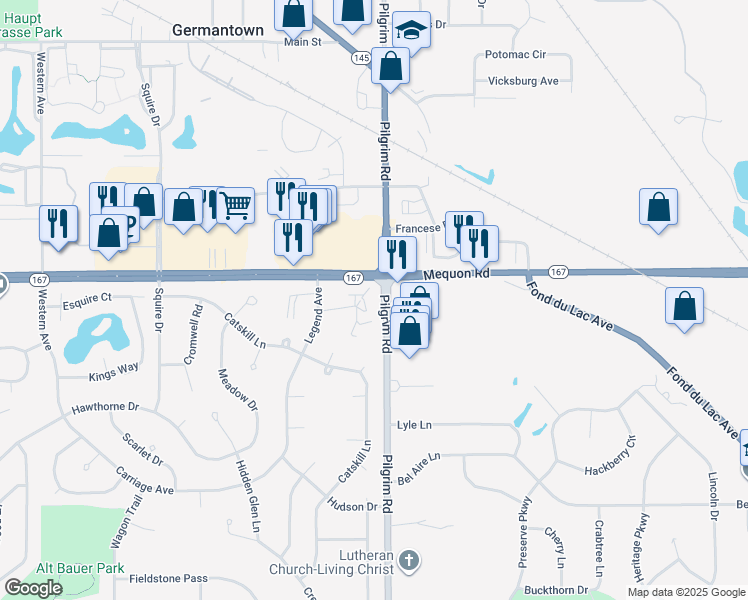 map of restaurants, bars, coffee shops, grocery stores, and more near N111W15782 Vienna Court in Germantown