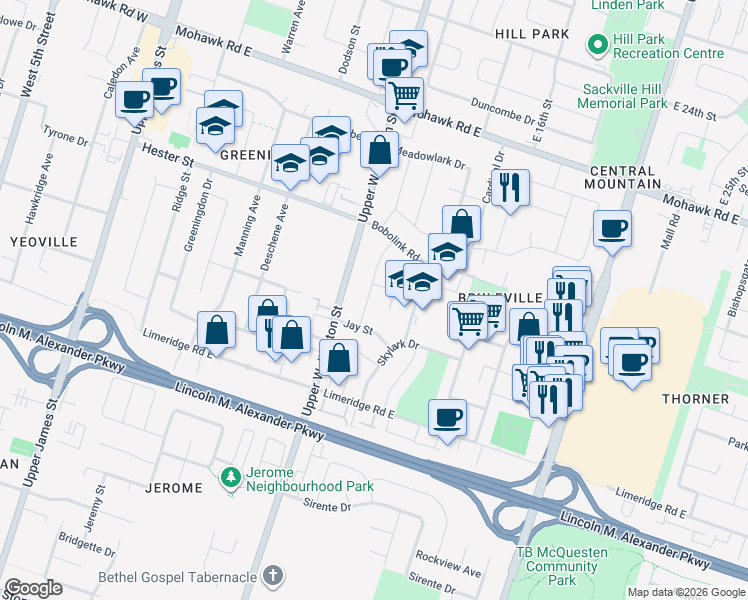 map of restaurants, bars, coffee shops, grocery stores, and more near 61 Goldfinch Road in Hamilton