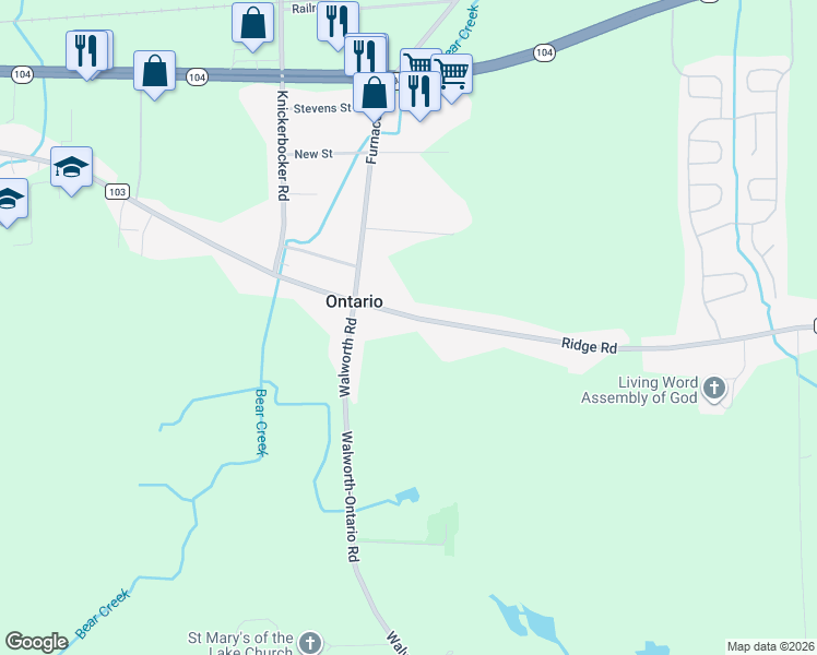 map of restaurants, bars, coffee shops, grocery stores, and more near 2072 Ridge Road in Ontario