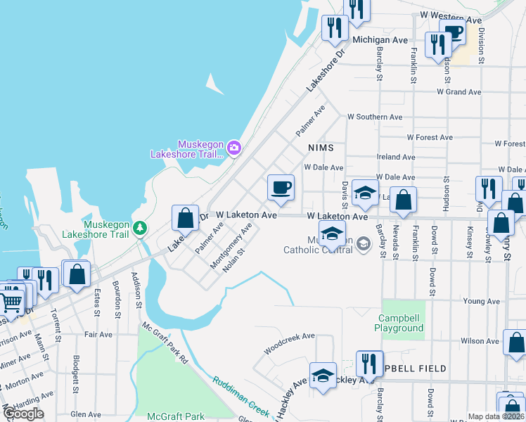 map of restaurants, bars, coffee shops, grocery stores, and more near 1433 Montgomery Avenue in Muskegon