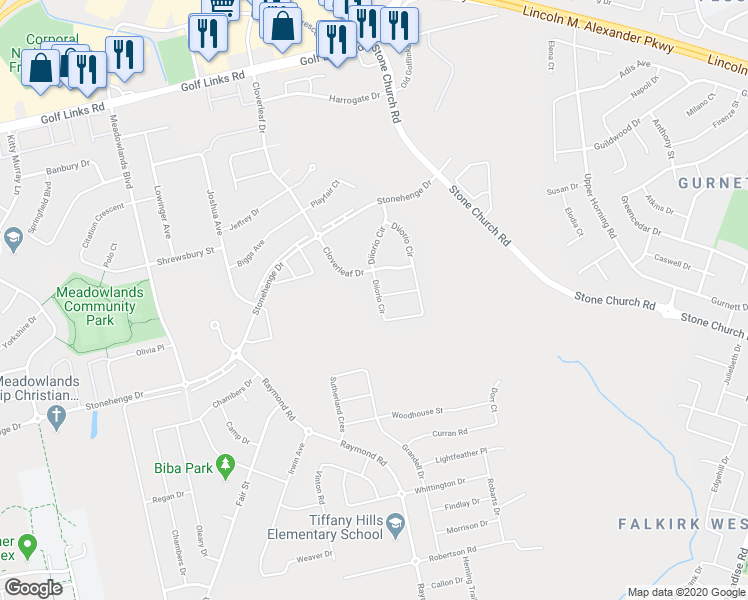 map of restaurants, bars, coffee shops, grocery stores, and more near 104 Diiorio Circle in Hamilton
