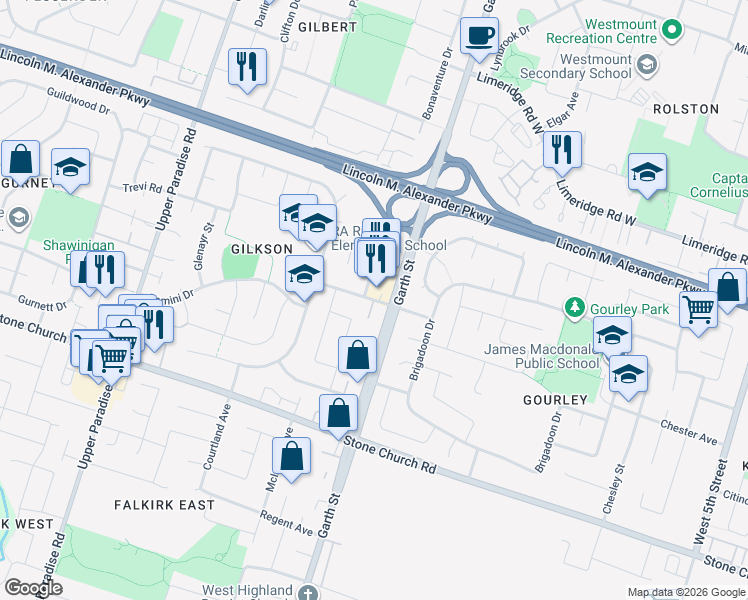 map of restaurants, bars, coffee shops, grocery stores, and more near Garrow Drive in Hamilton