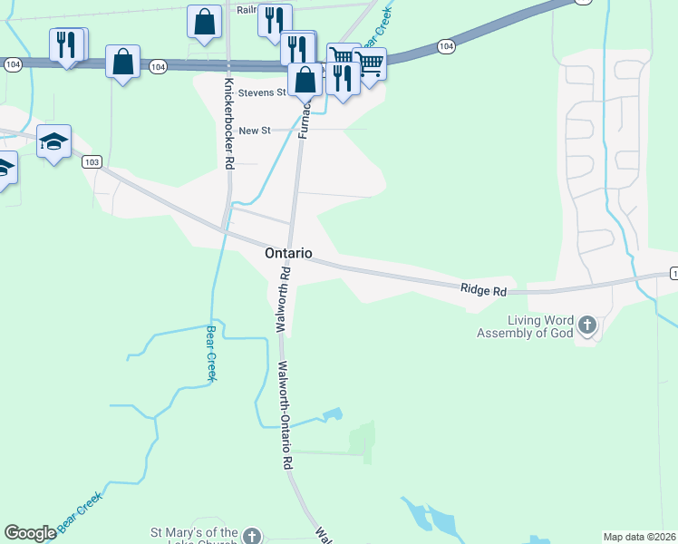 map of restaurants, bars, coffee shops, grocery stores, and more near 2072 Ridge Road in Ontario