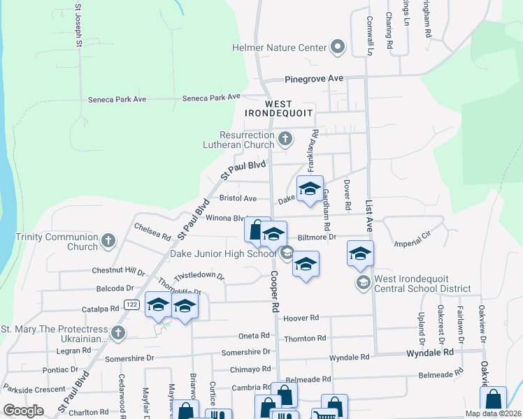 map of restaurants, bars, coffee shops, grocery stores, and more near in Rochester