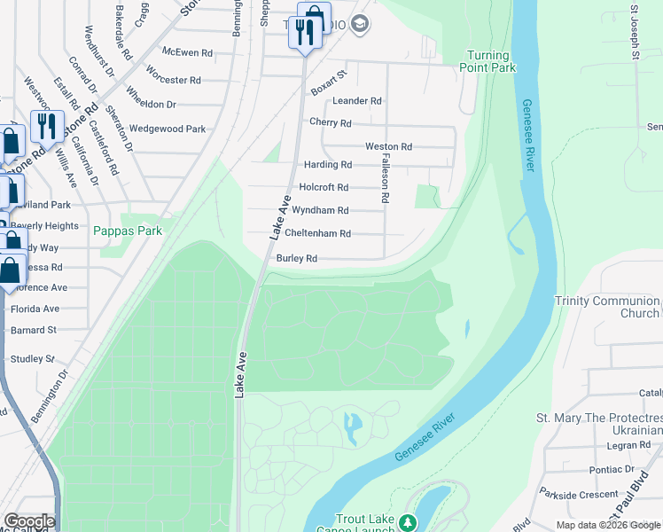 map of restaurants, bars, coffee shops, grocery stores, and more near 124 Burley Road in Rochester
