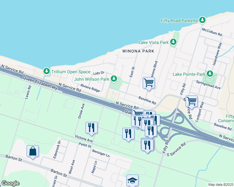 map of restaurants, bars, coffee shops, grocery stores, and more near 1289 Base Line Road in Hamilton